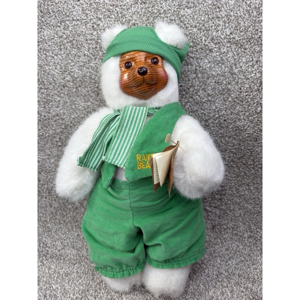 Vintage Robert Raikes Wooden‎ Face Bear Green Elf Raikes Bears 1989 Signed